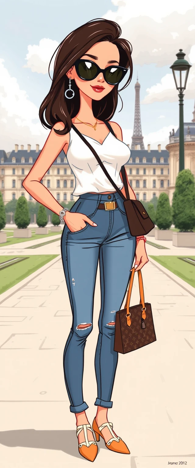 Stylish cartoon woman posing on a Parisian city sidewalk