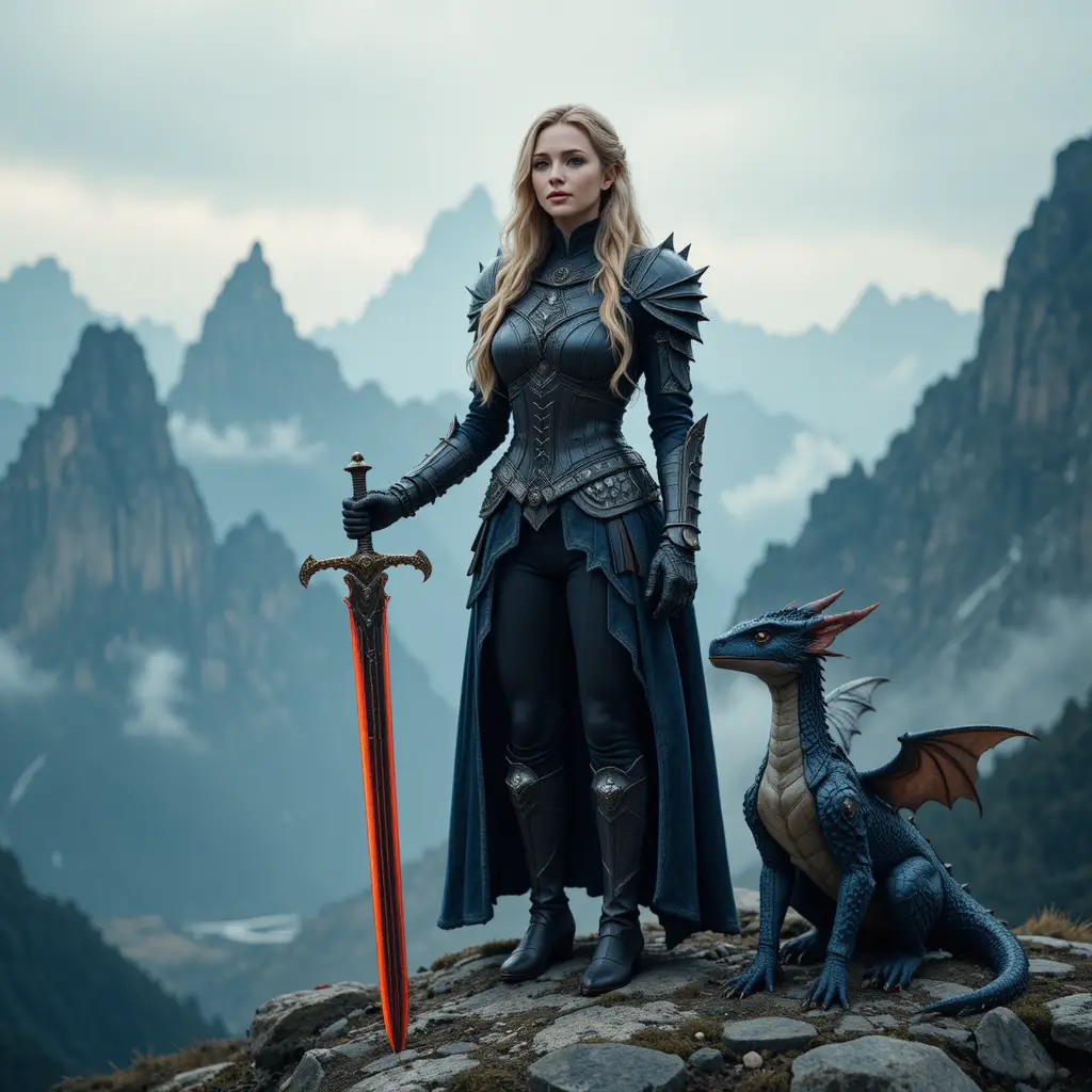 Armored warrior woman with glowing sword on misty peak