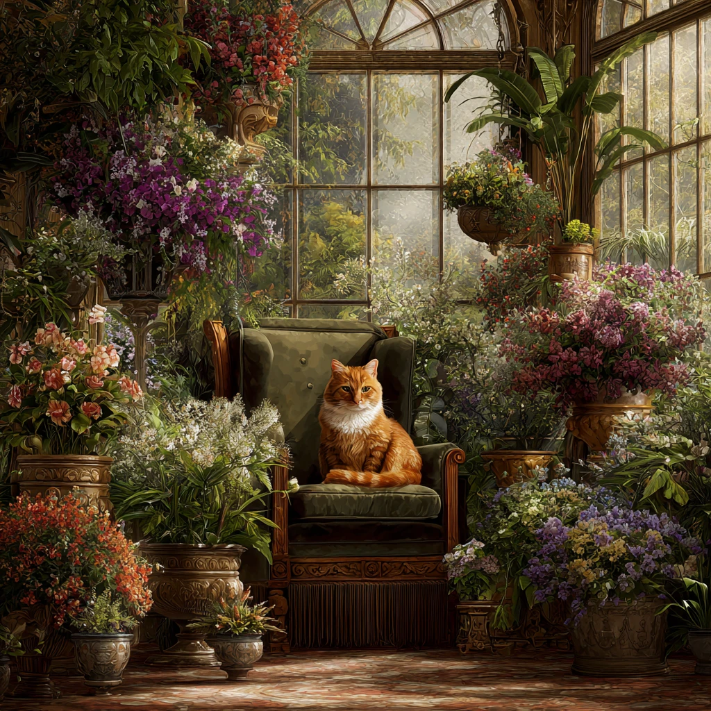 Regal cat on velvet armchair in a lush greenhouse