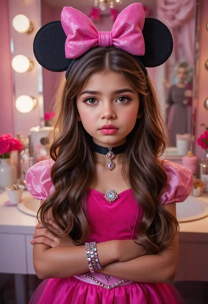 Nervous tween boy in princess costume at pink vanity