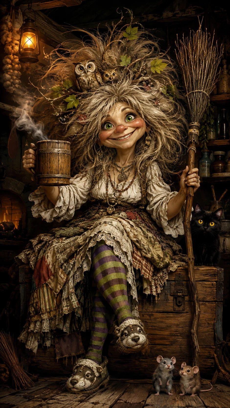 Whimsical Slavic house spirit woman on an old wooden chest