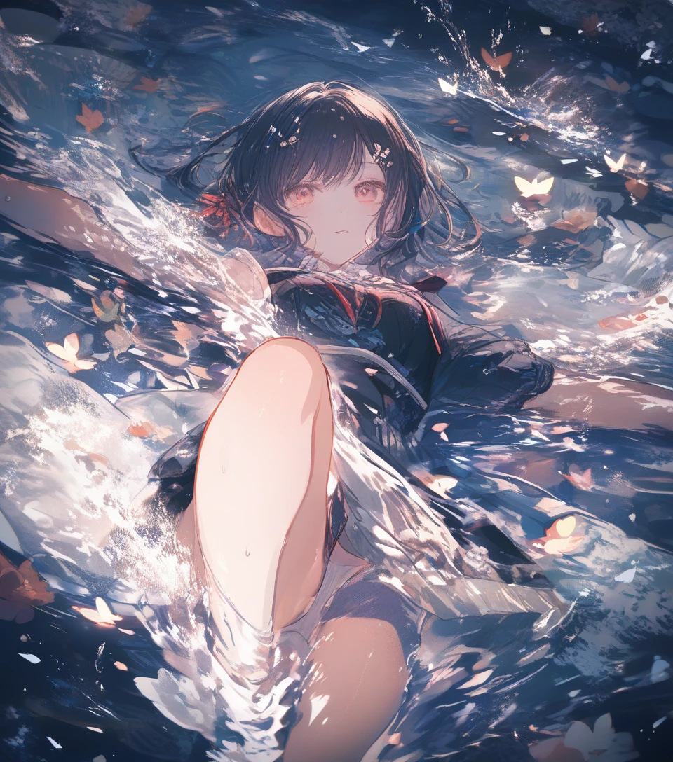 Anime girl lying in shallow water full body character view