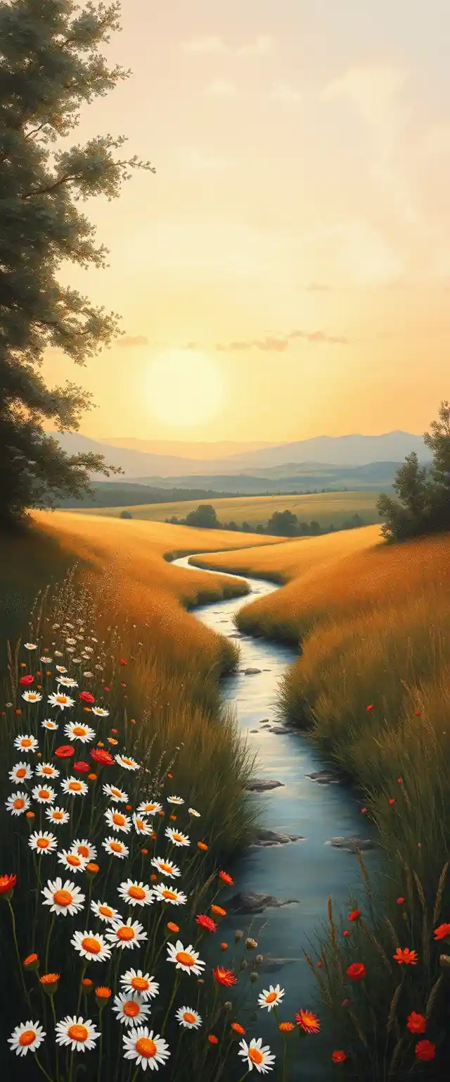 Impressionist sunset meadow with winding reflective stream