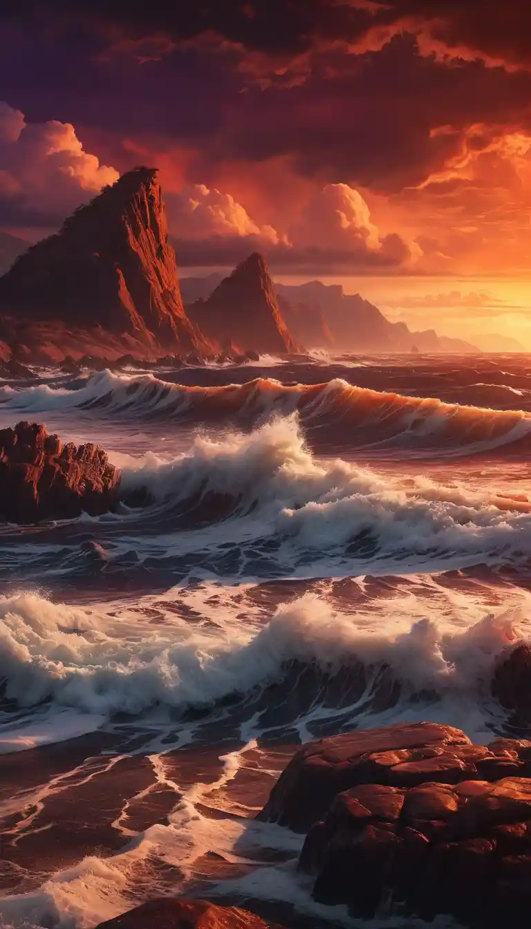 Colossal ocean waves crashing against a lonely rocky shoreline