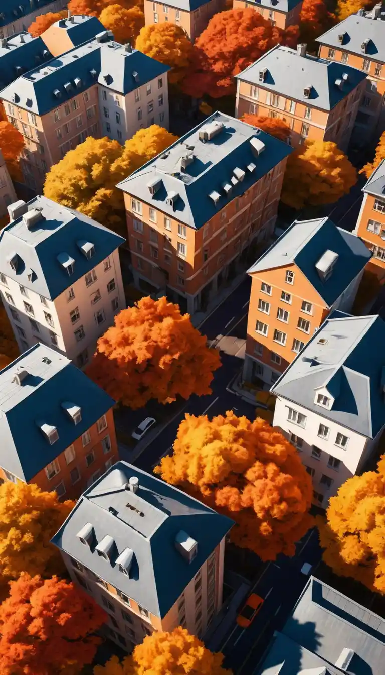Anime autumn city rooftops covered in bright maple leaves
