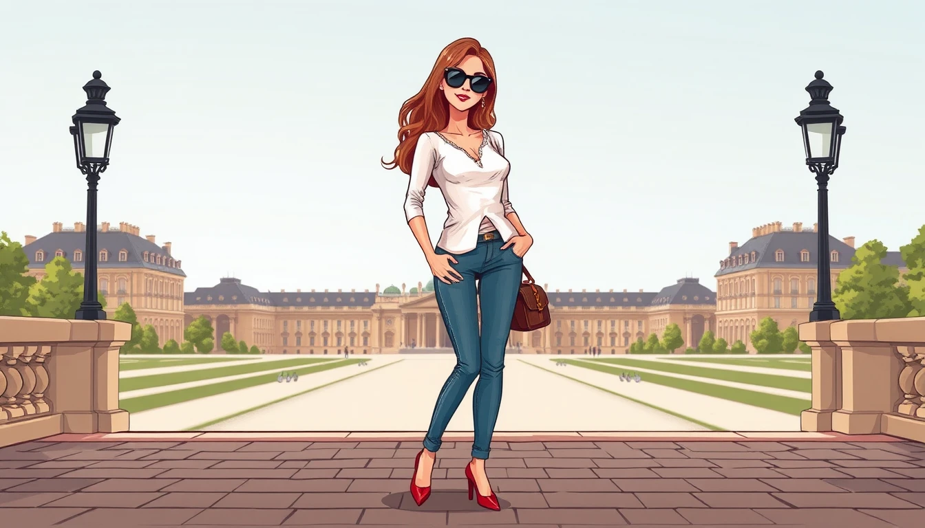 Cartoon fashion woman posing on a Paris city sidewalk