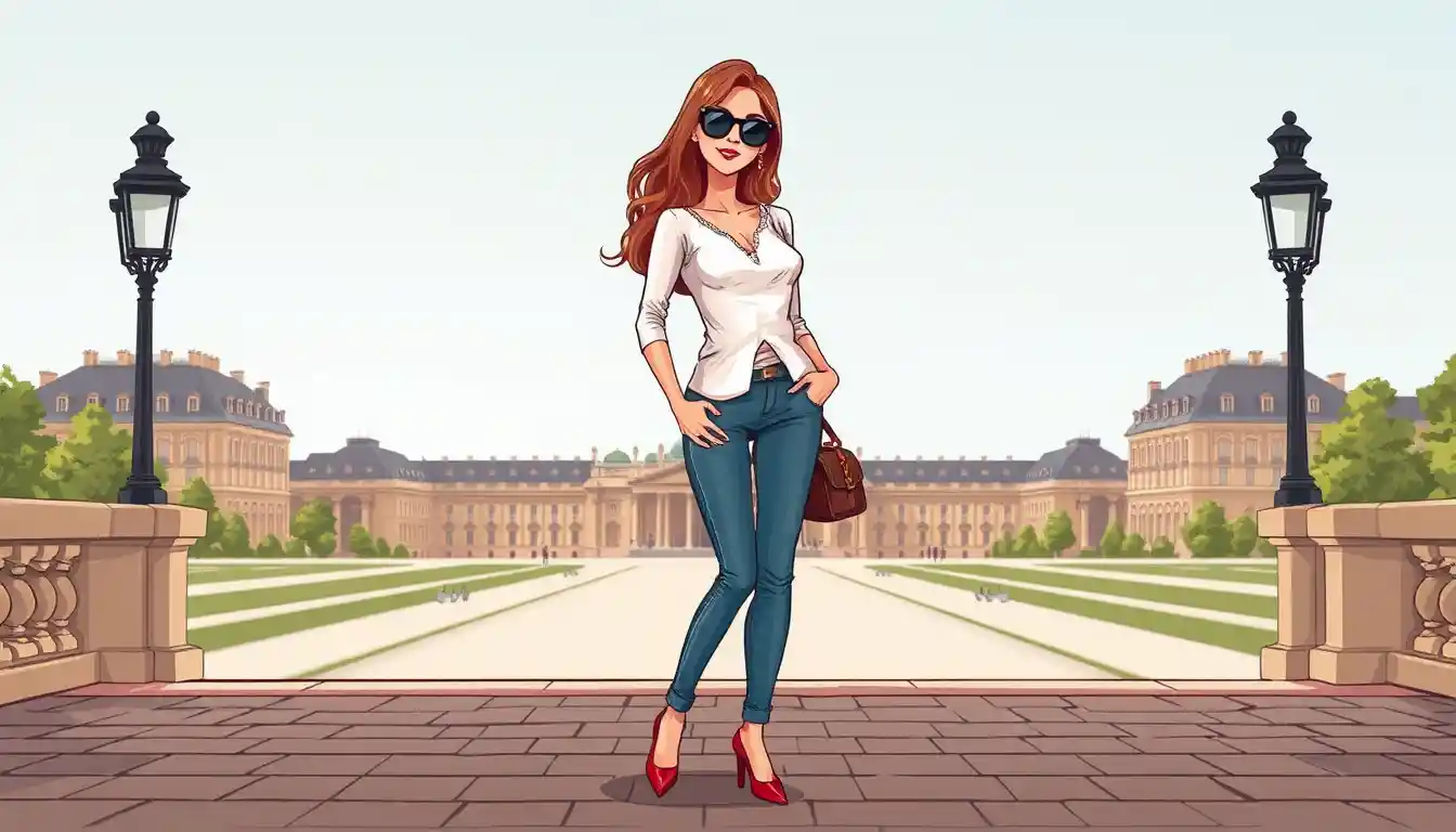 Cartoon fashion woman posing on a Paris city sidewalk