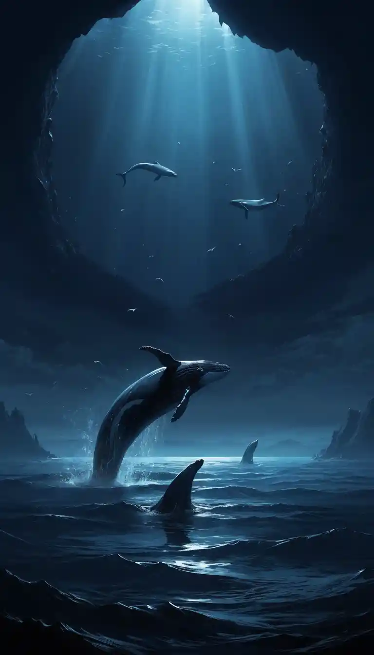 Whales Drift Through A Vast Dark Deep Ocean Abyss