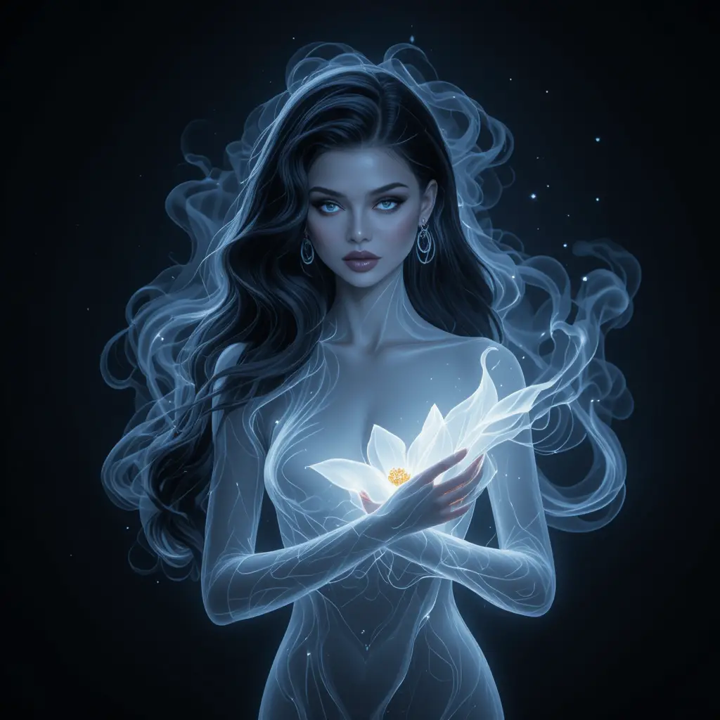 Ethereal goddess of starlight cradling a glowing lily