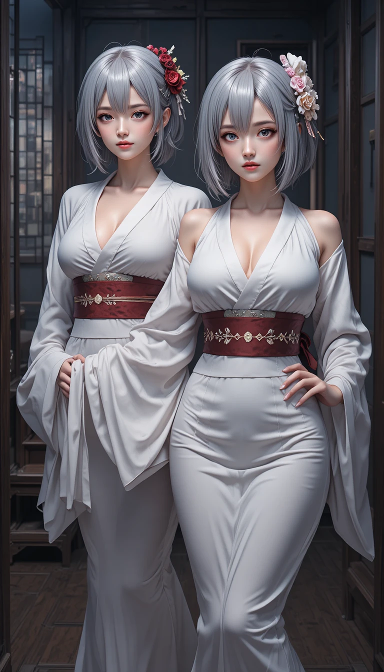 Anime woman in white kimono in dark wooden room