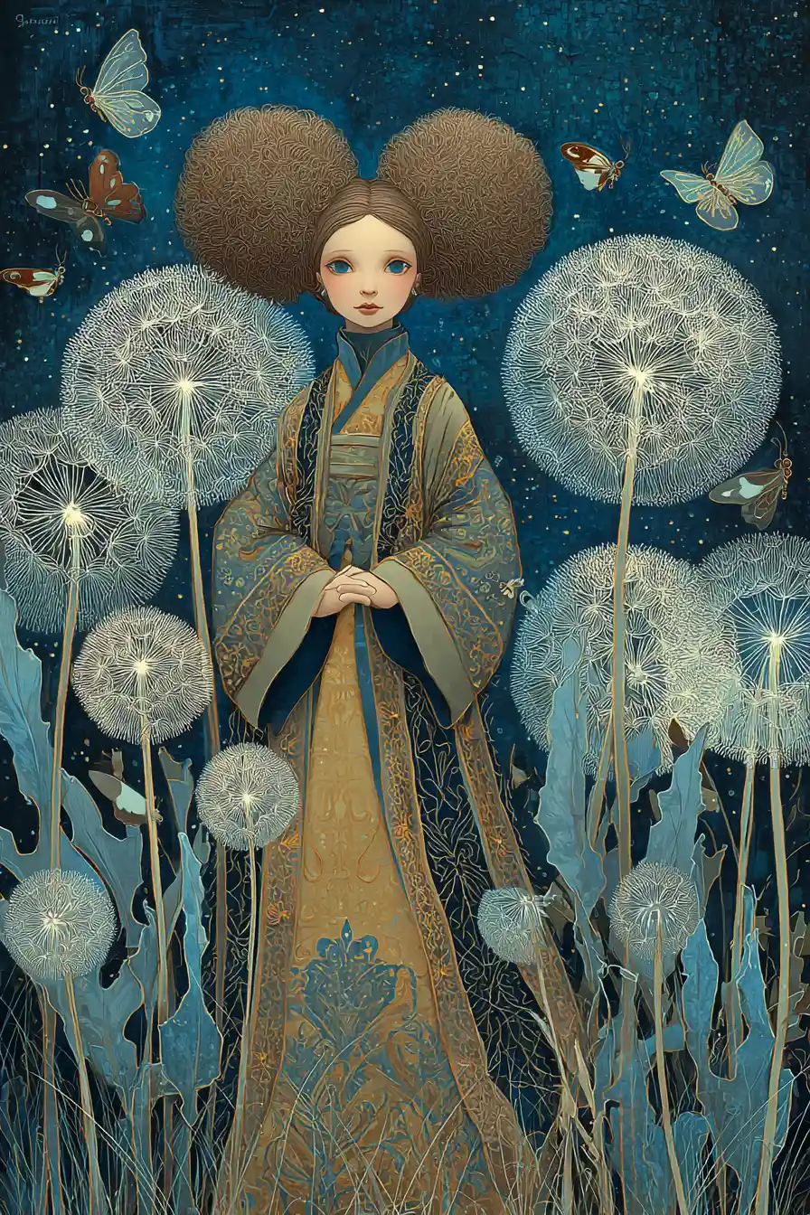 Woman in dandelion field under a deep blue starry sky