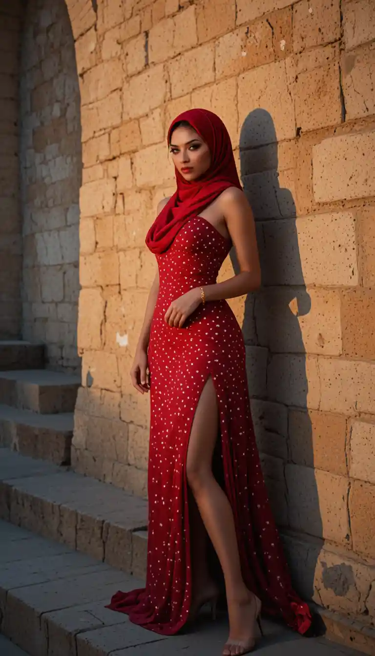 Veiled woman in red silk by ancient stone wall