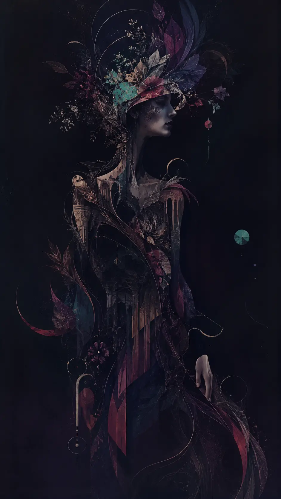 Surreal feminine silhouette built from ribbons in dark space
