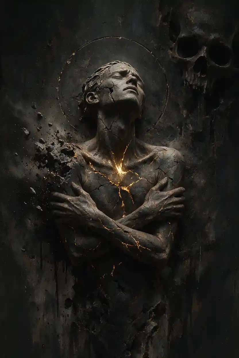 Tormented stone figure fused into a dark crumbling wall