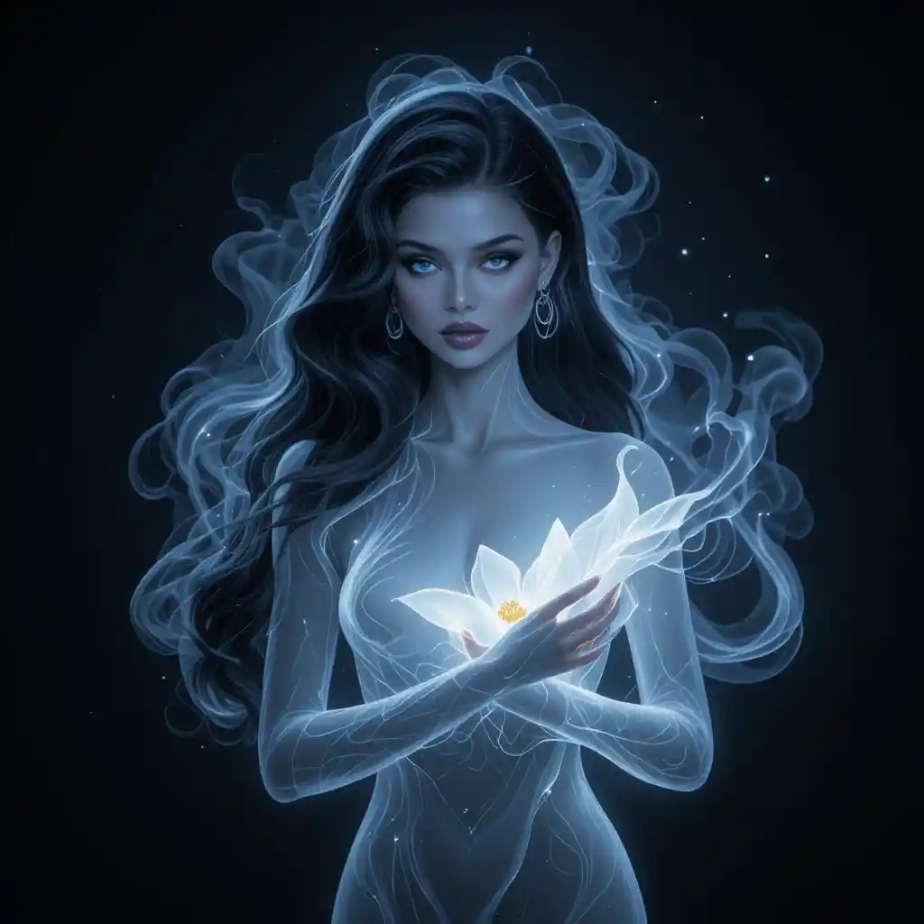 Ethereal goddess of starlight cradling a glowing lily