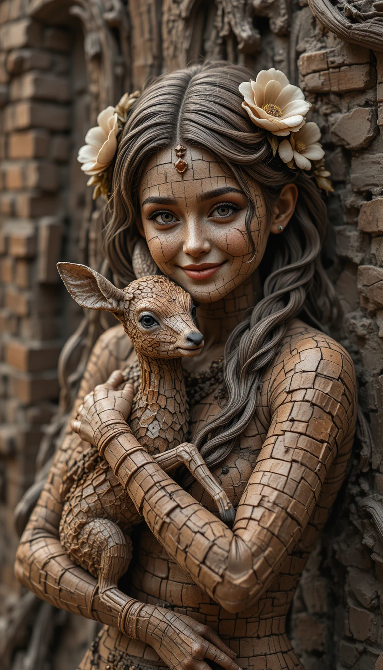 Smiling woman holding a gentle doe in a fantasy forest
