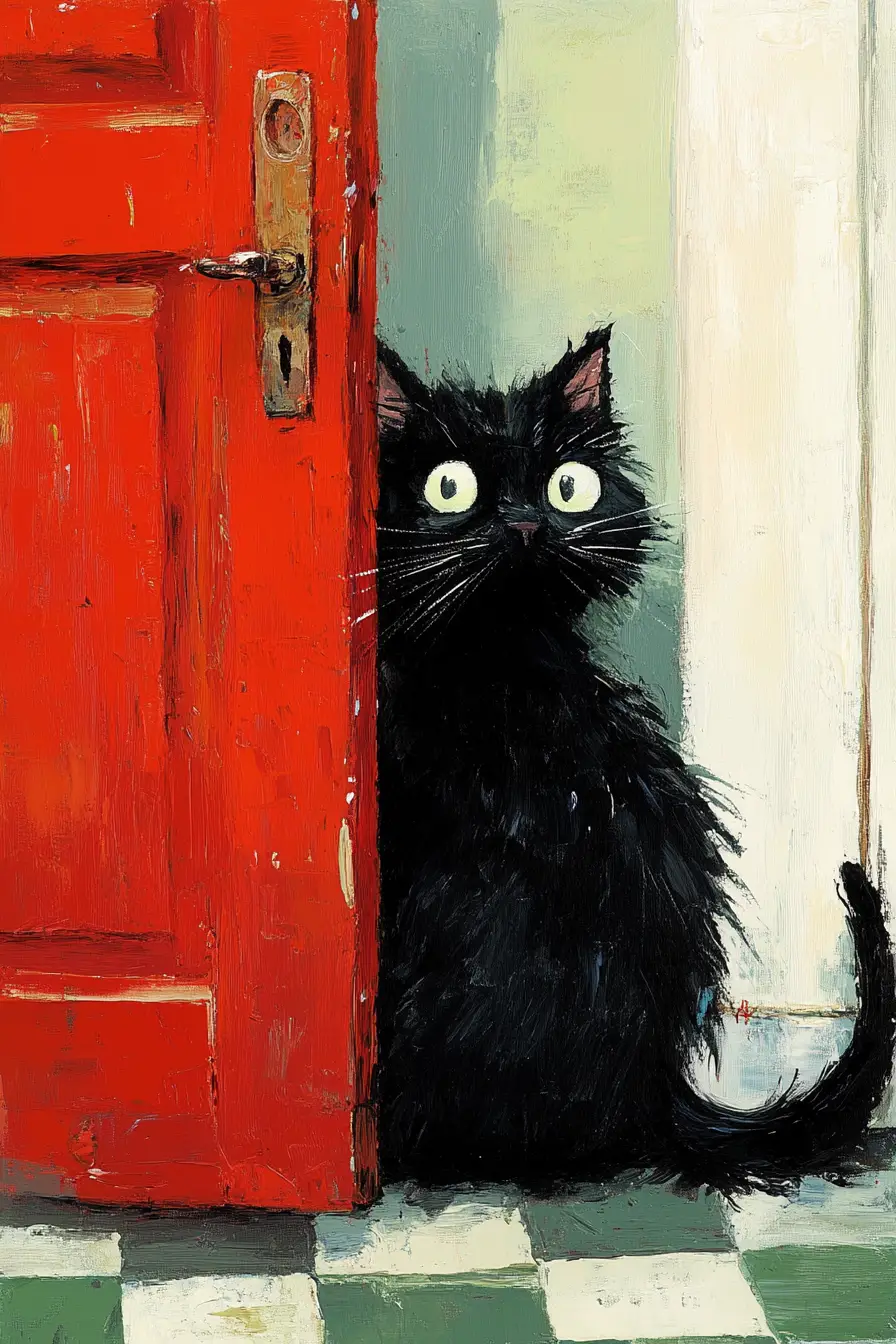 Whimsical black cat by a bold red door in a corner