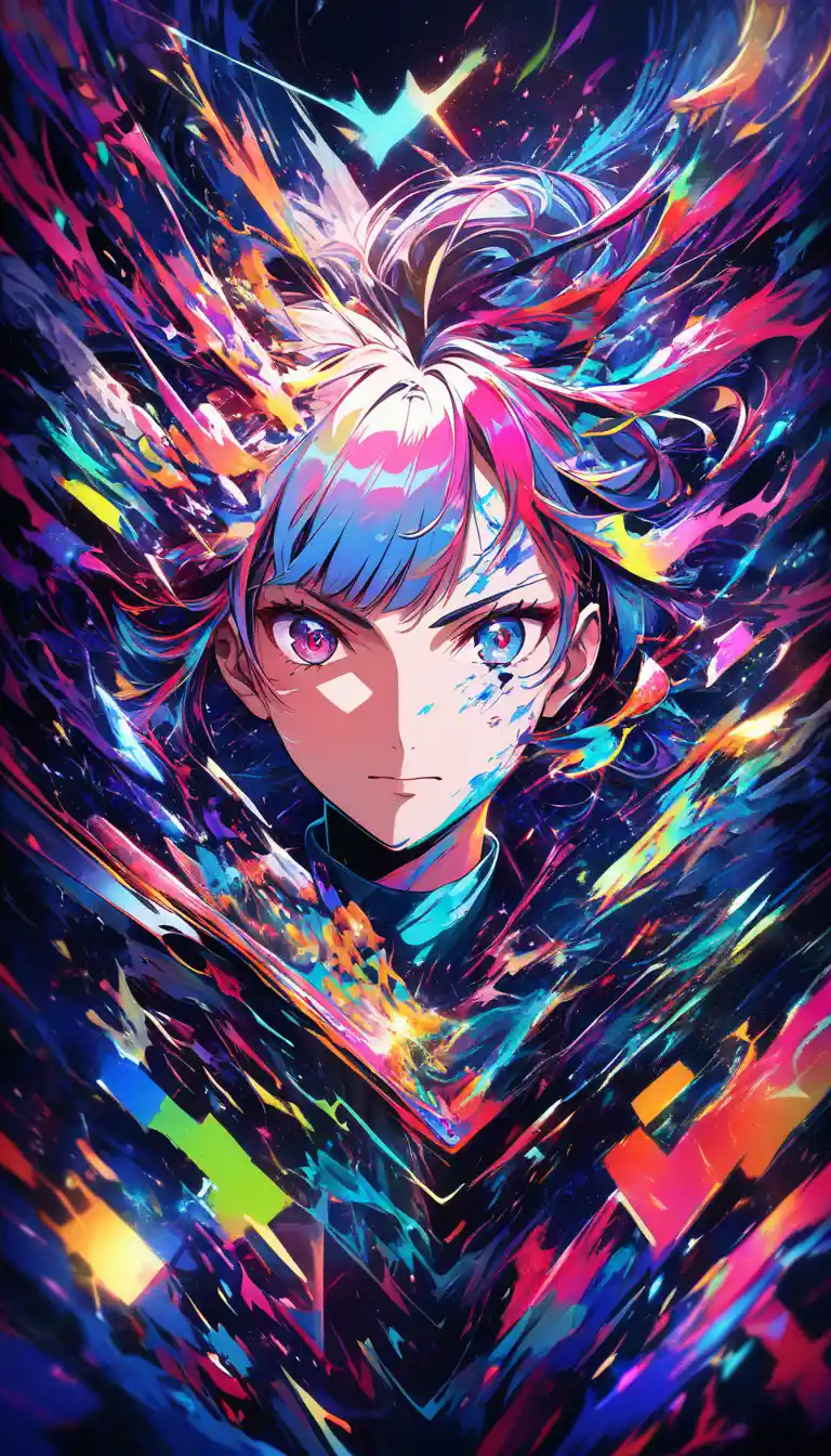 Ritratto anime con effetto glitch a tripla esposizione e bagliore al neon
