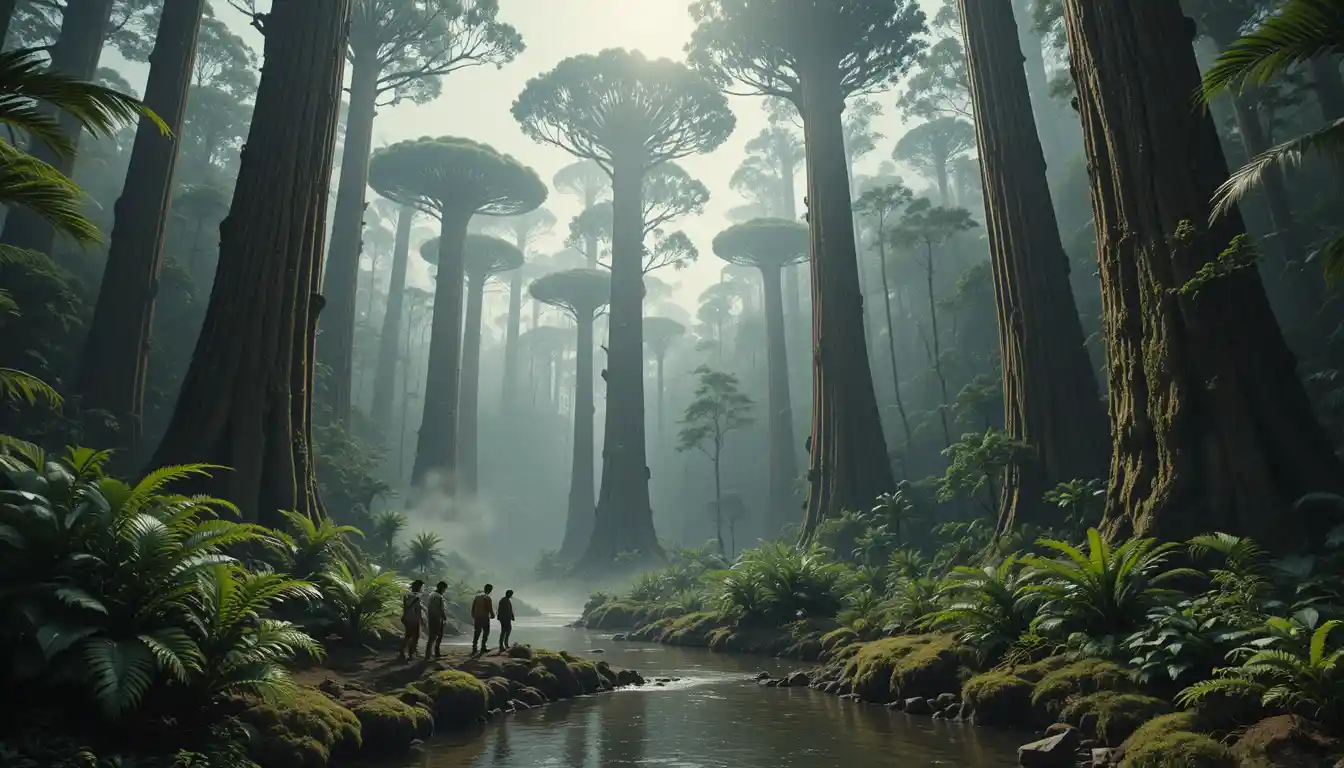 Human explorers in a vast misty prehistoric forest
