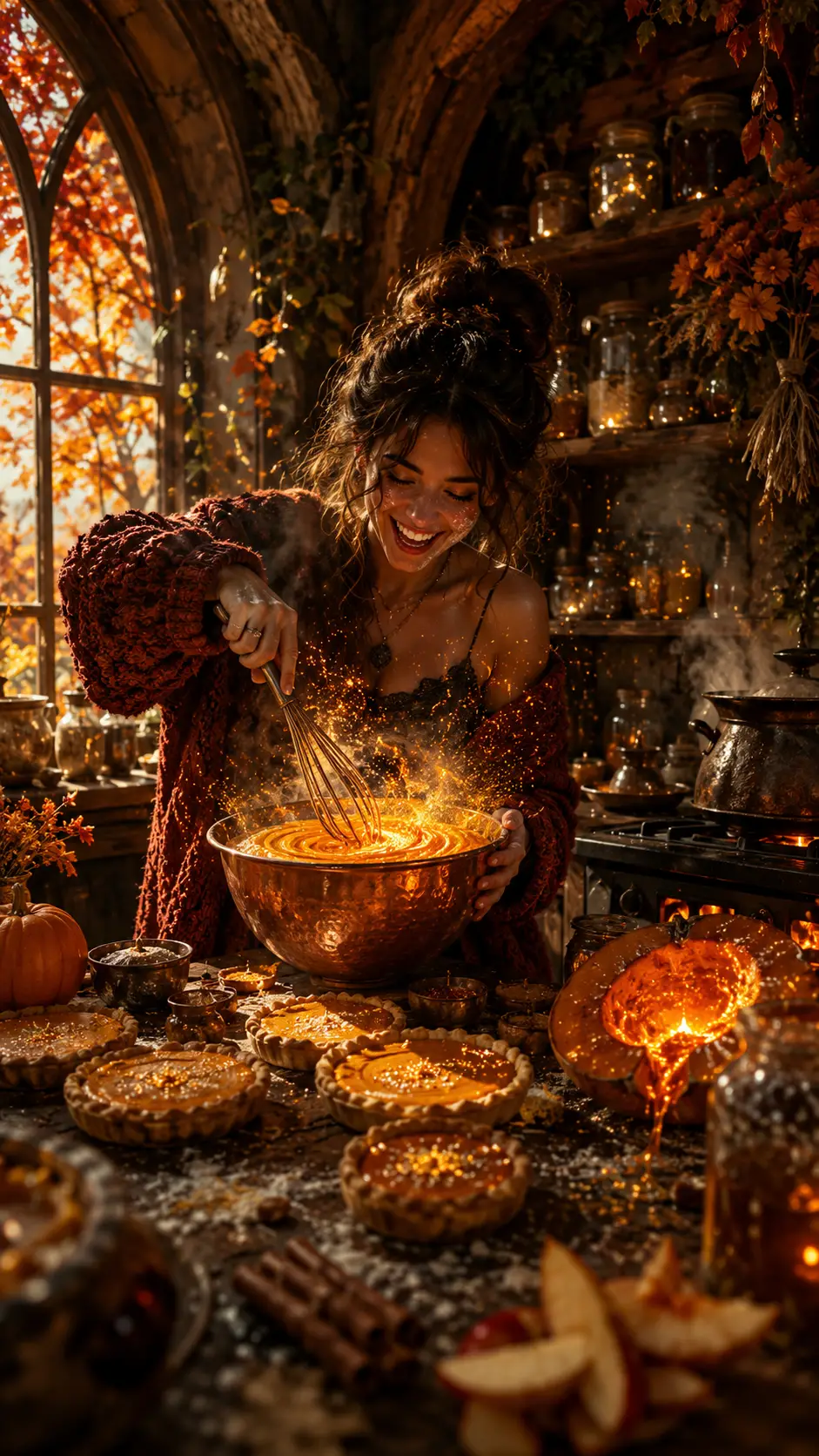 Joyful autumn alchemist baking in a glowing tree kitchen
