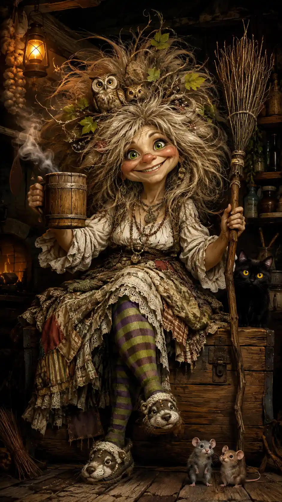 Whimsical Slavic house spirit woman on an old wooden chest