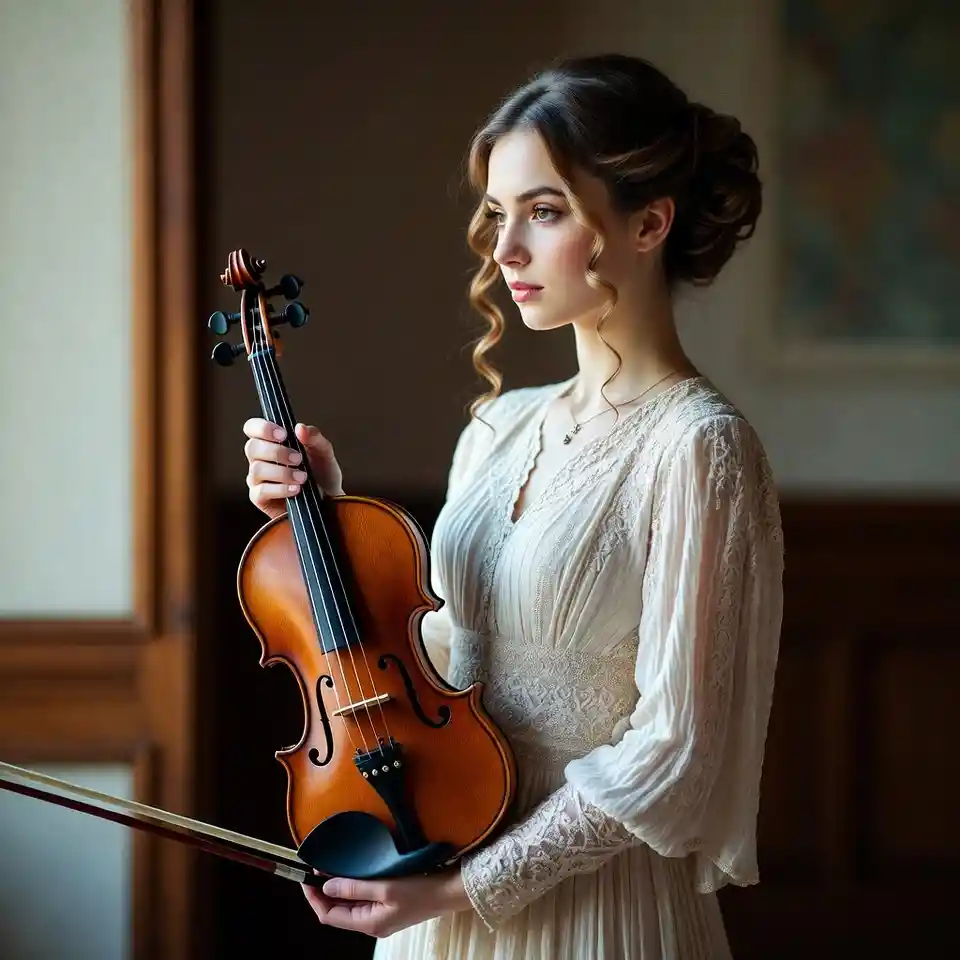 Elegant young woman portrayed as accomplished musician