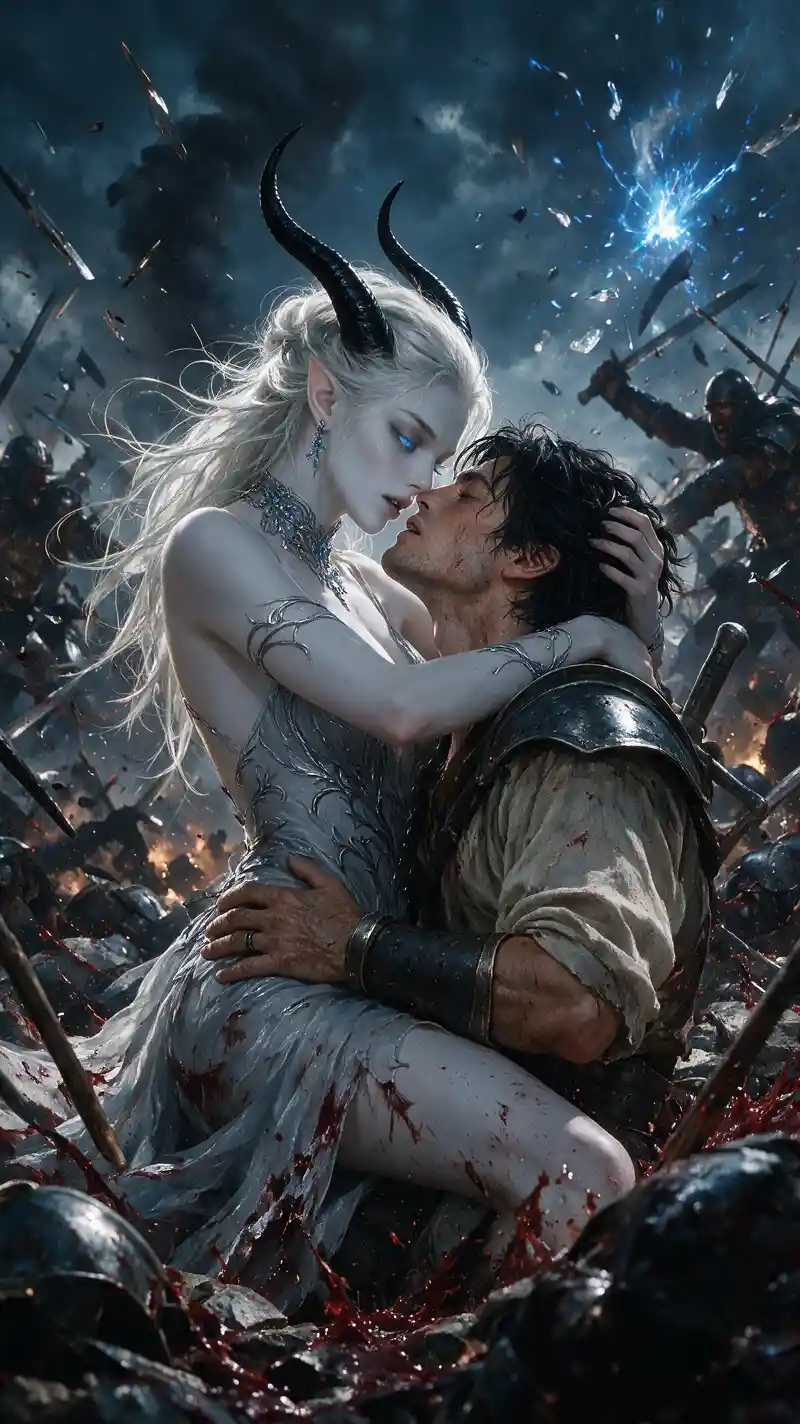 Tiefling woman embracing her lover amid raging battle