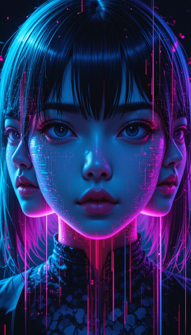 Portrait de fille d’anime avec visage en triple exposition glitché