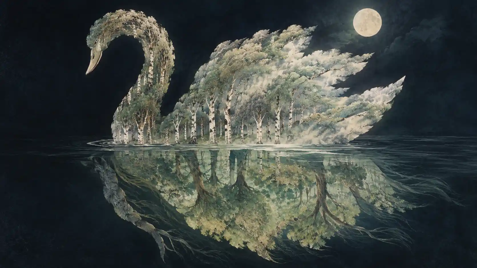 Surreal swan of trees drifting on dark moonlit water
