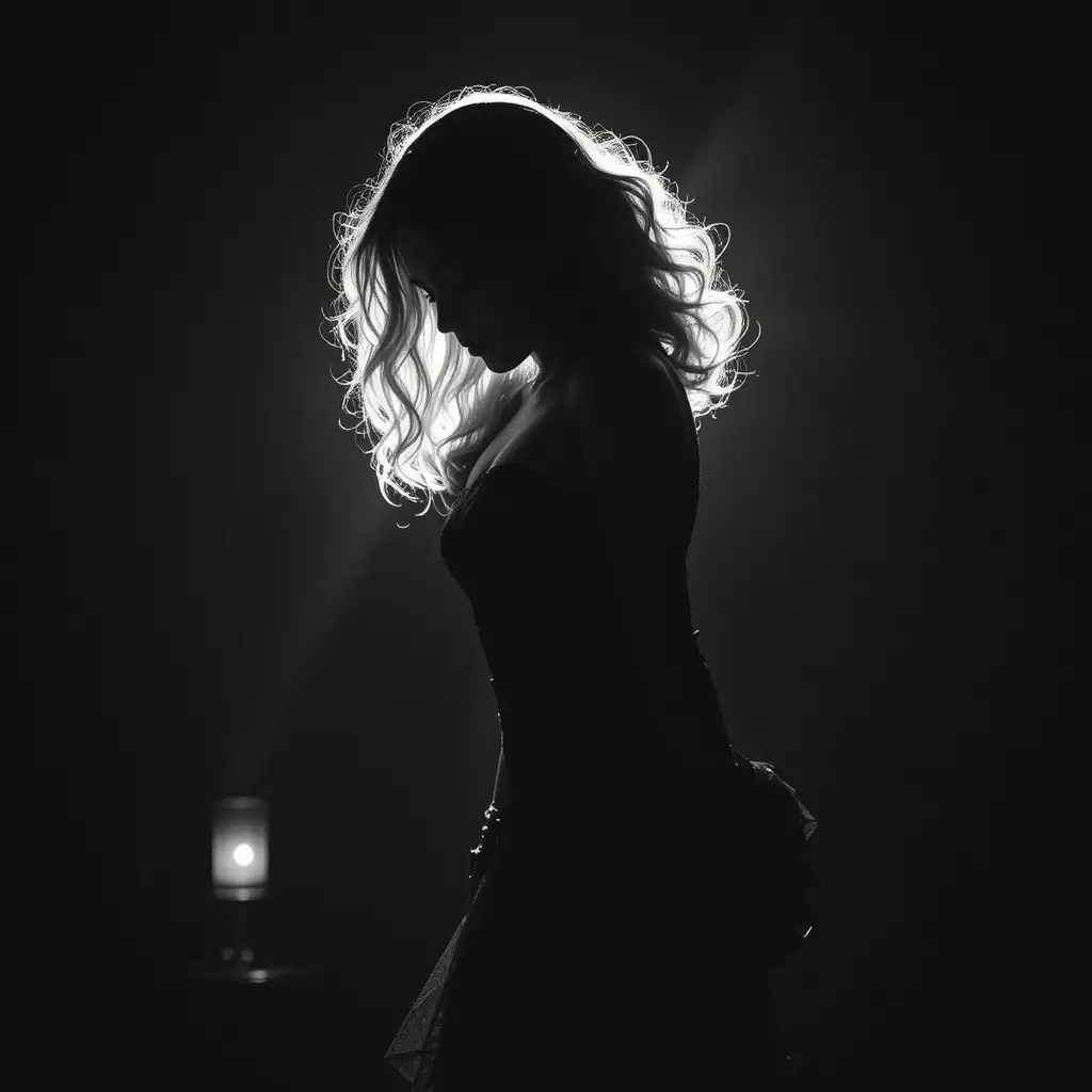 Backlit woman in backless gown with dramatic halo silhouette