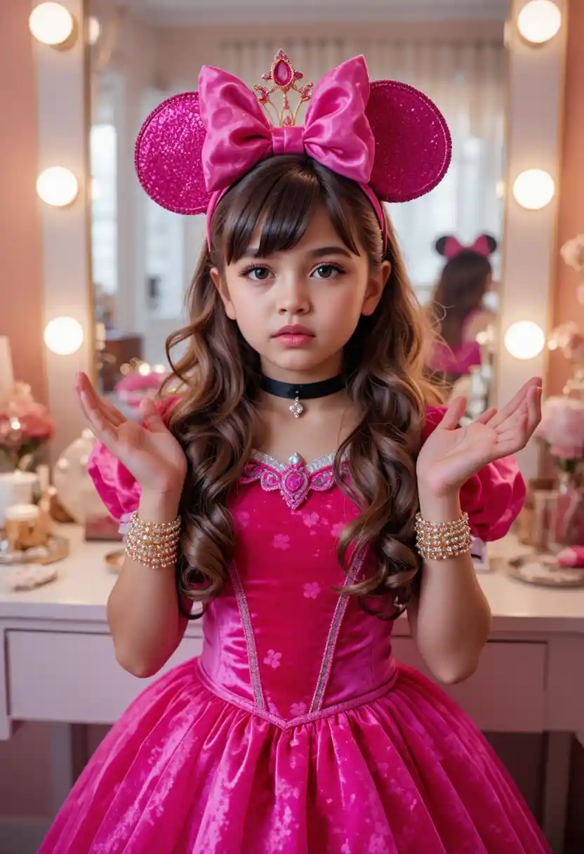 Nervous tween in Minnie princess costume at bedroom vanity