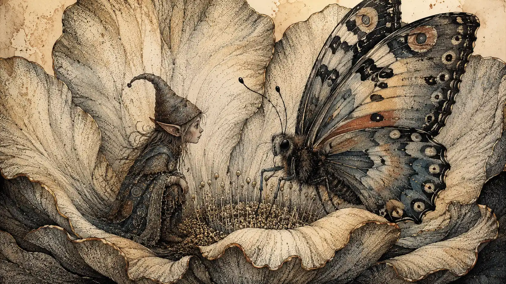 Tiny elf meeting a giant butterfly across a single flower