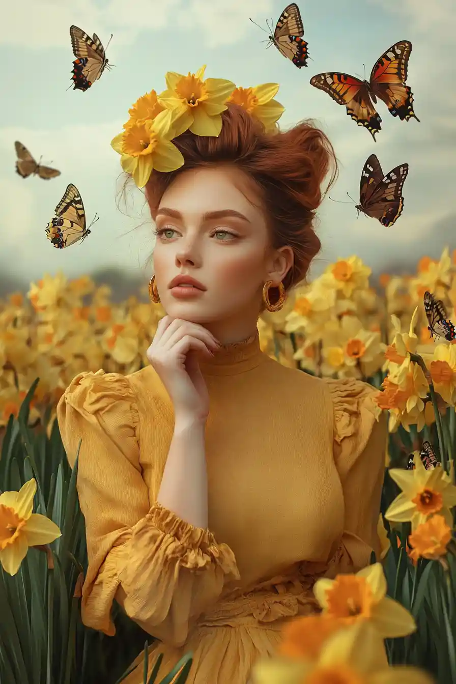 Woman in mustard dress among daffodils and butterflies