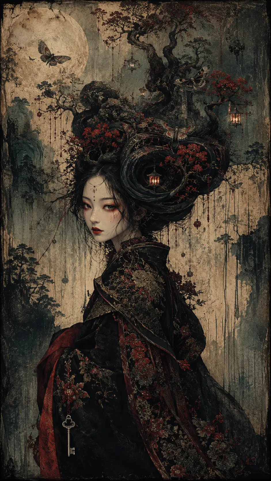 Surreal portrait of a woman with a nocturnal forest hairstyle