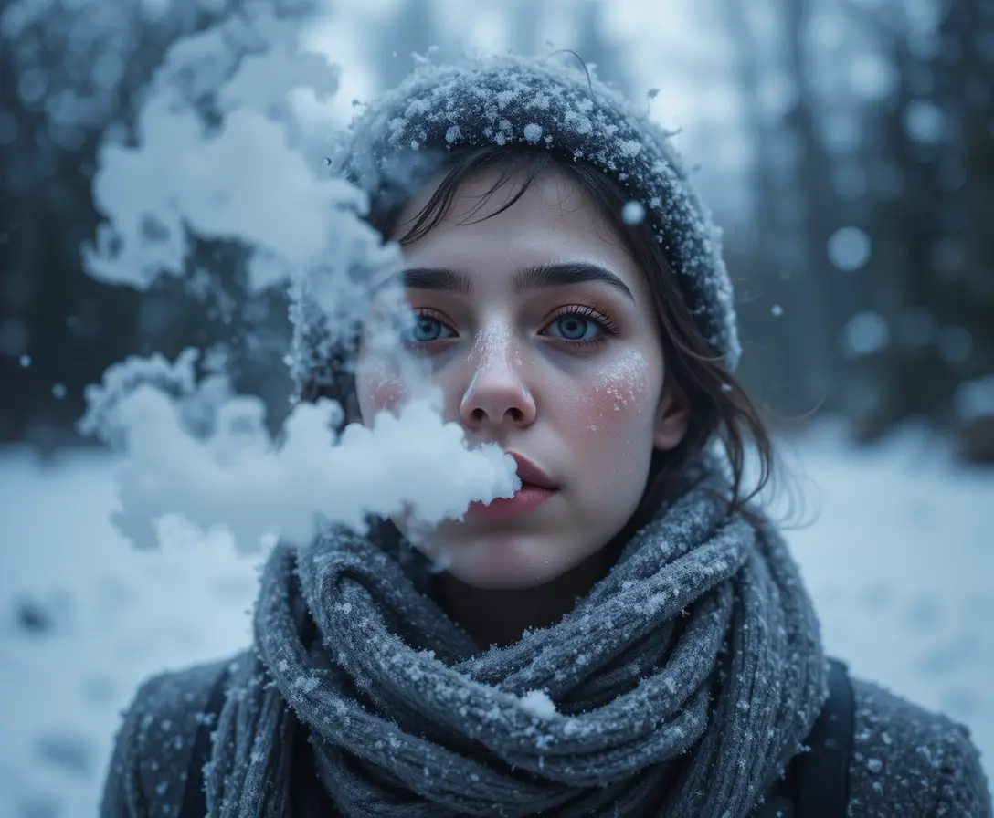 Person exhaling frosty breath in a snowy winter landscape