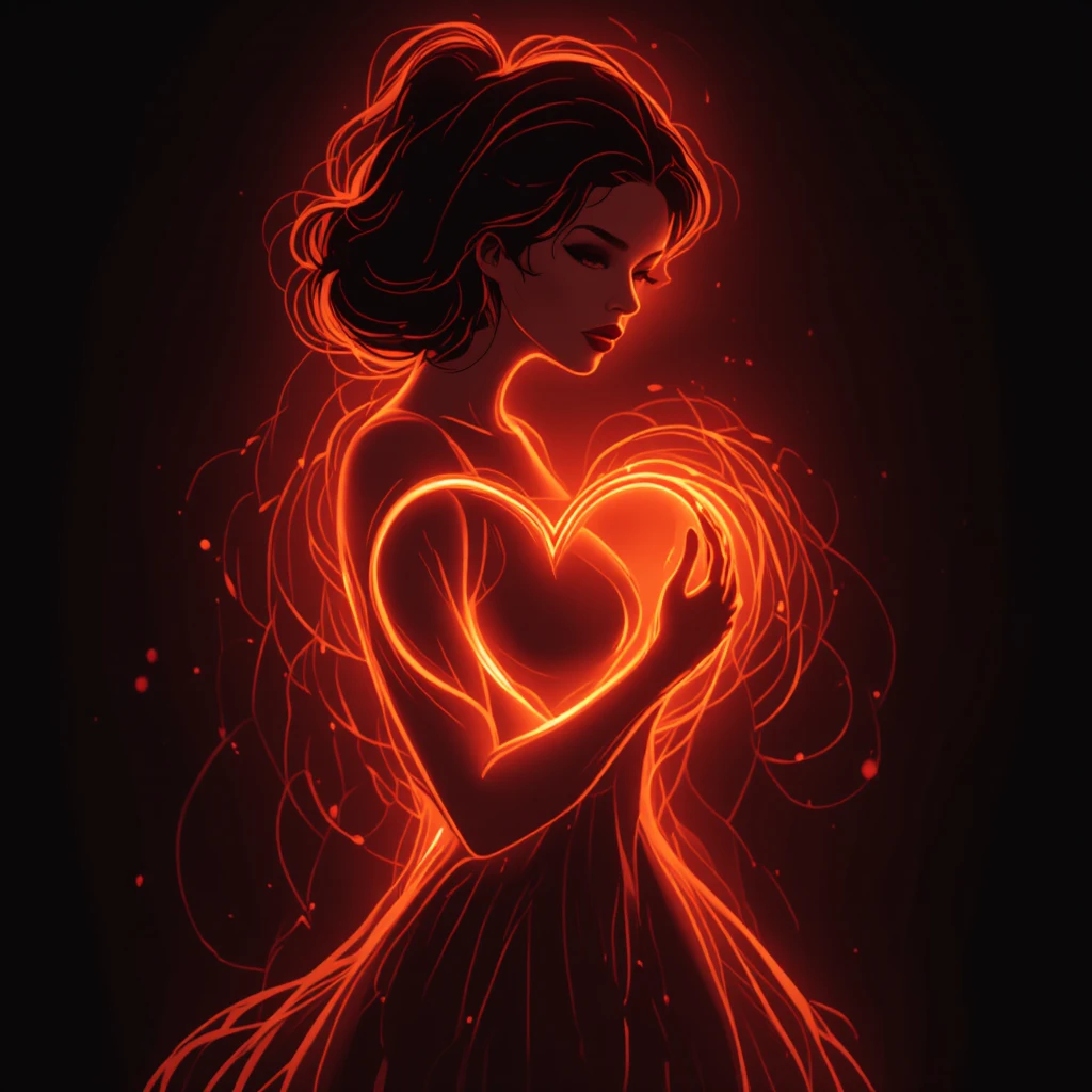 Neon silhouette of romantic woman forming a glowing heart