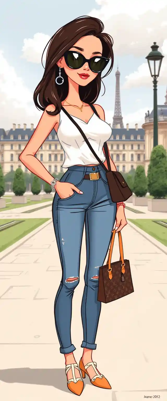 Stylish cartoon woman posing on a Parisian city sidewalk