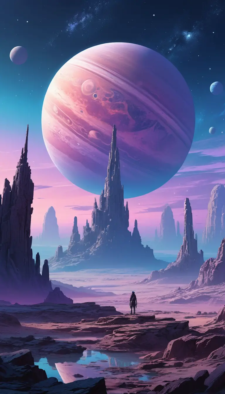 Ancient alien ruins beneath a colossal ringed gas giant