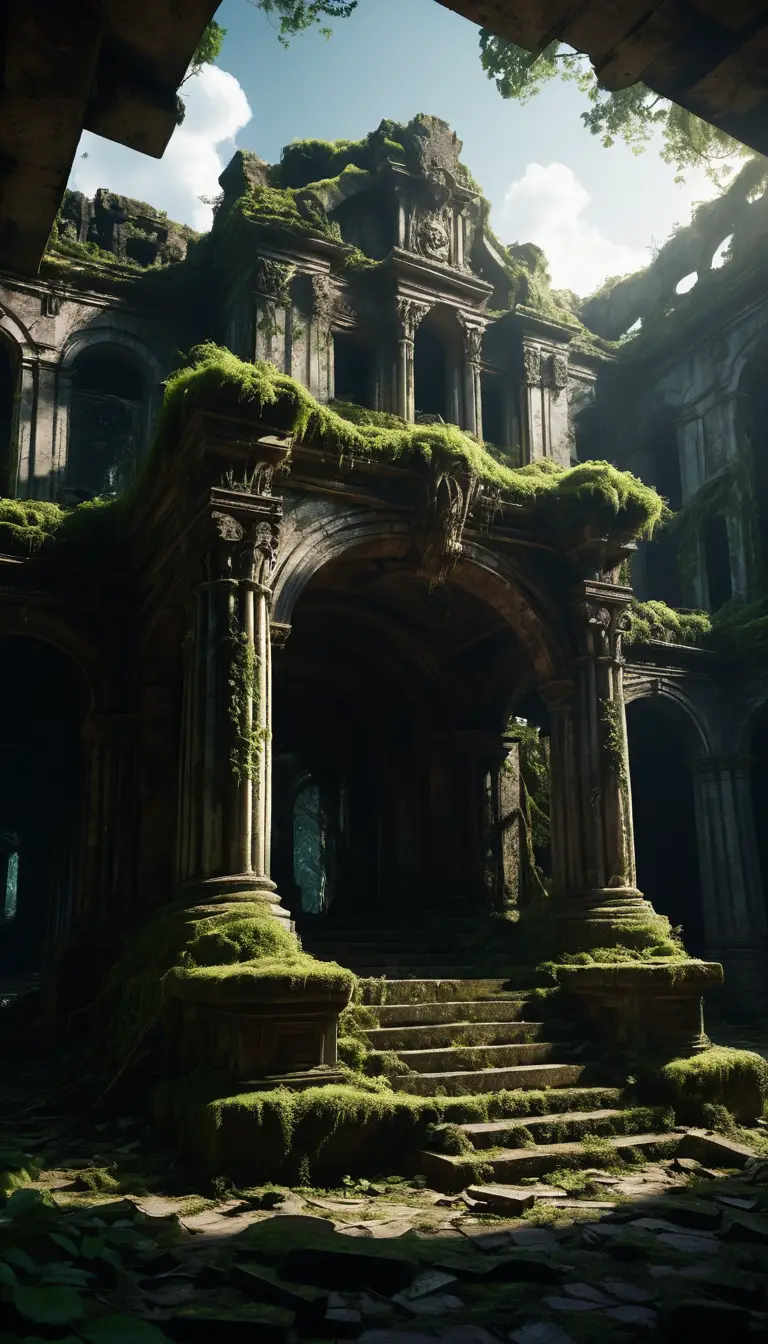 Abandoned throne hall with ivy and broken roof opening