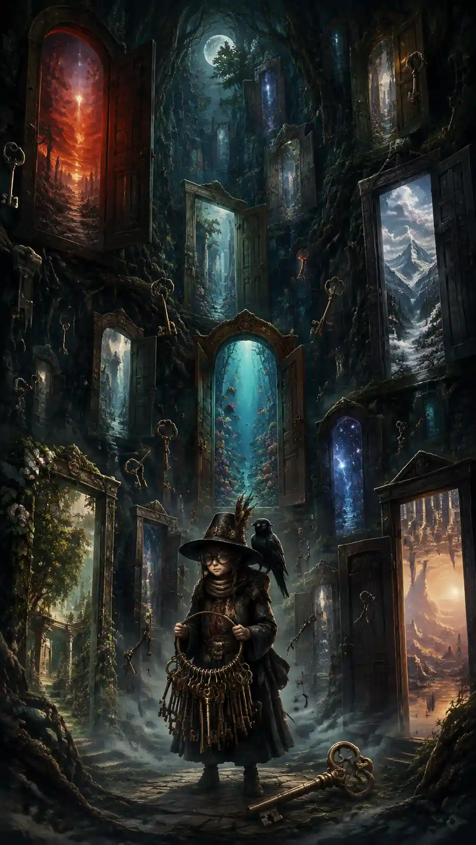 Tiny librarian in a dark forest of impossible doors