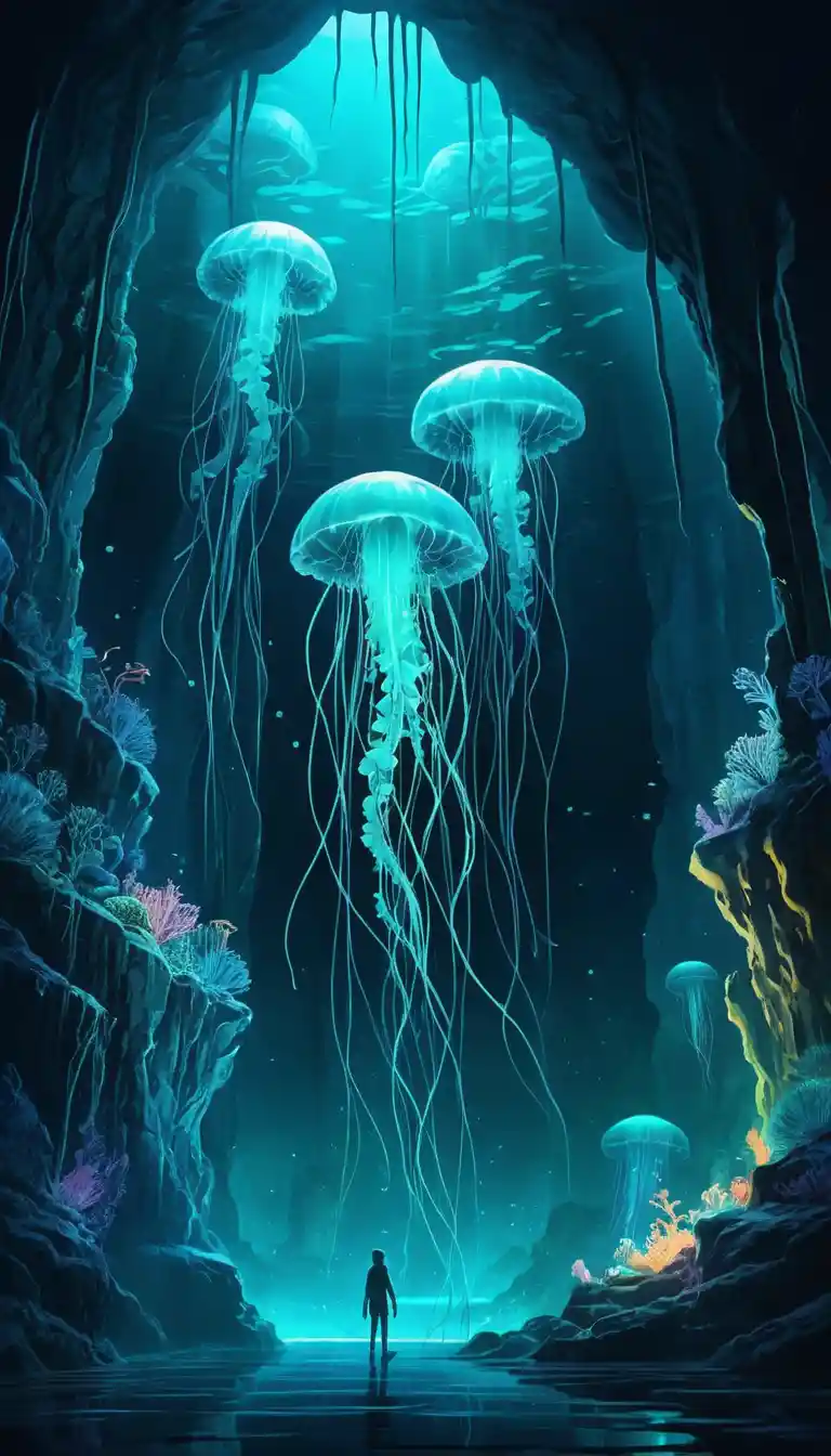 Mysterious Underwater Cave With Glowing Jellyfish And Algae
