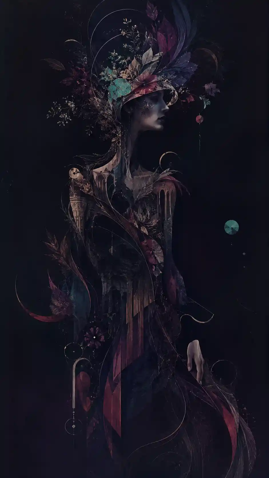 Surreal feminine silhouette built from ribbons in dark space