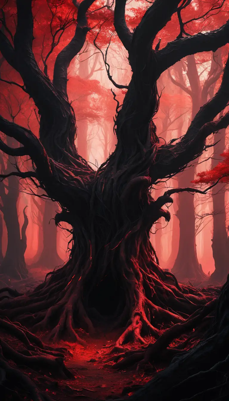 Dark fantasy forest of twisted trees and crimson leaves