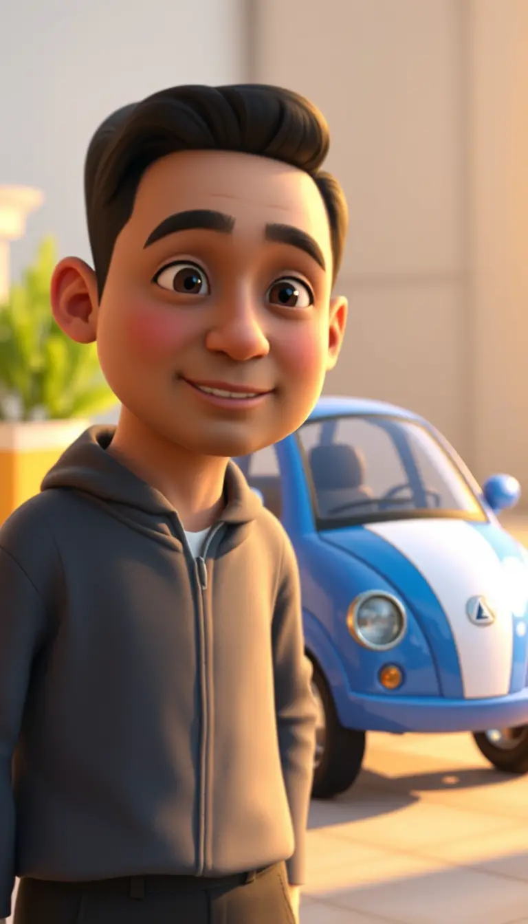 Friendly 3D man beside cute blue mini car