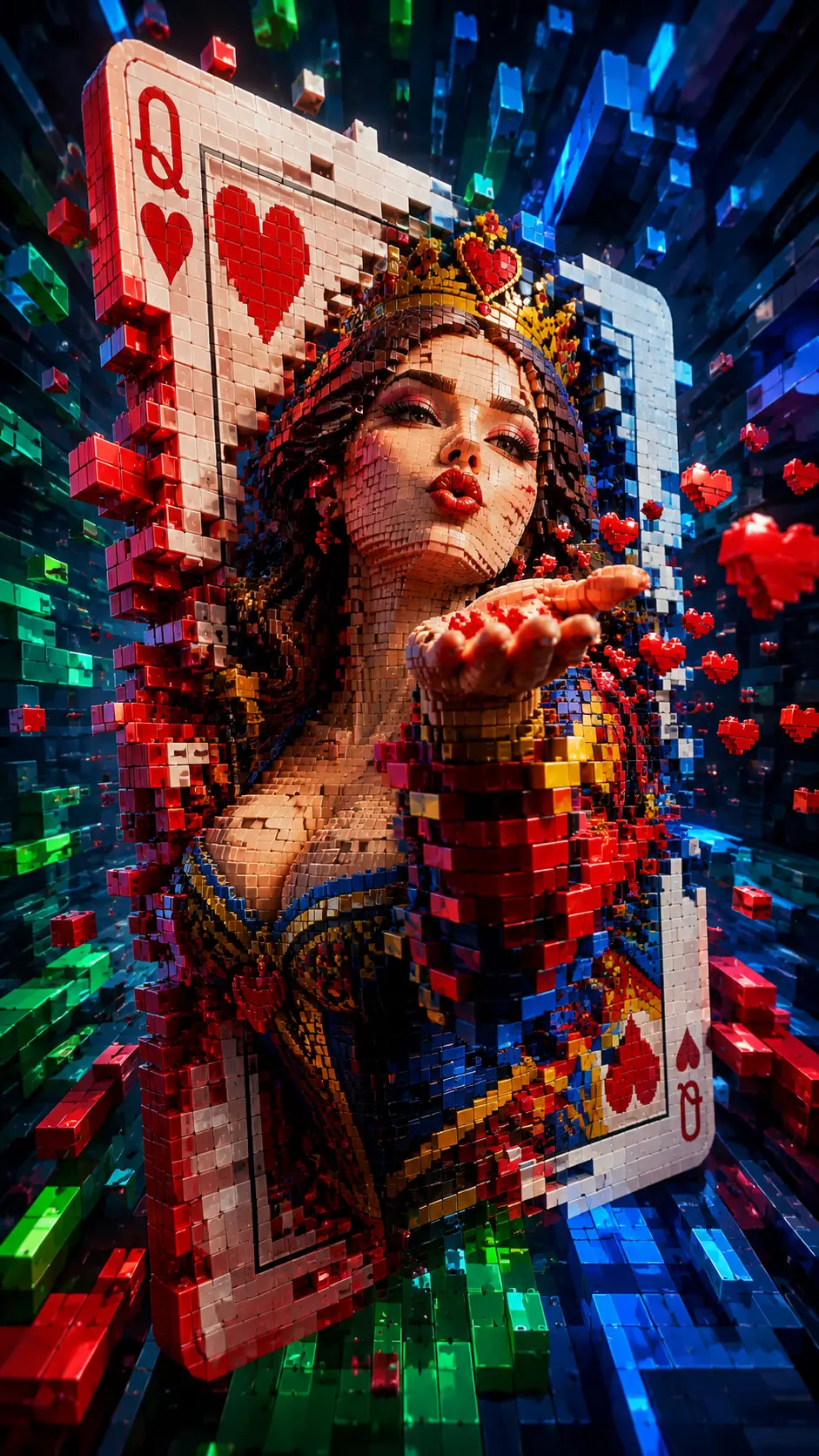 Tetris style digital queen of hearts blowing a kiss