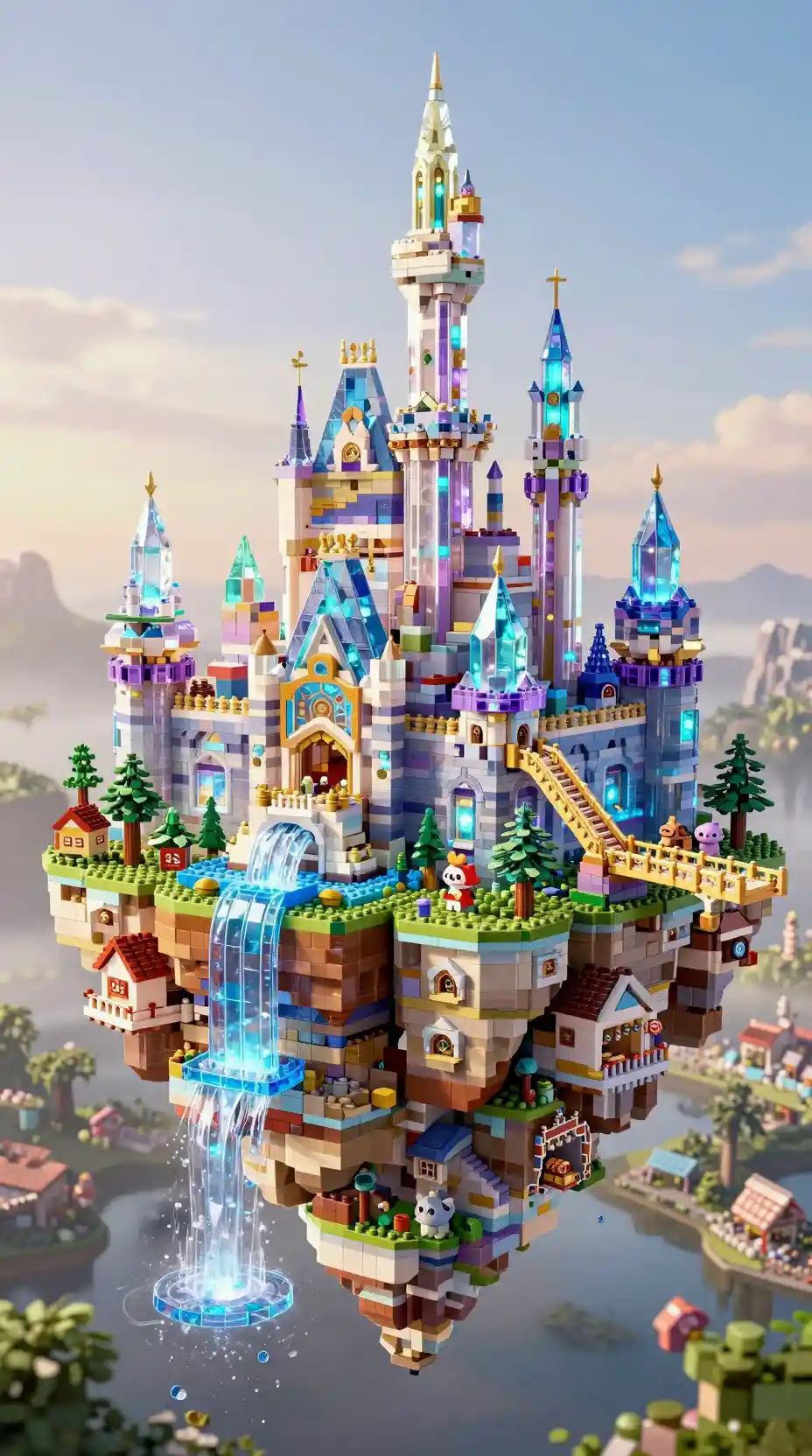 Fantasy crystal castle built from colorful toy bricks