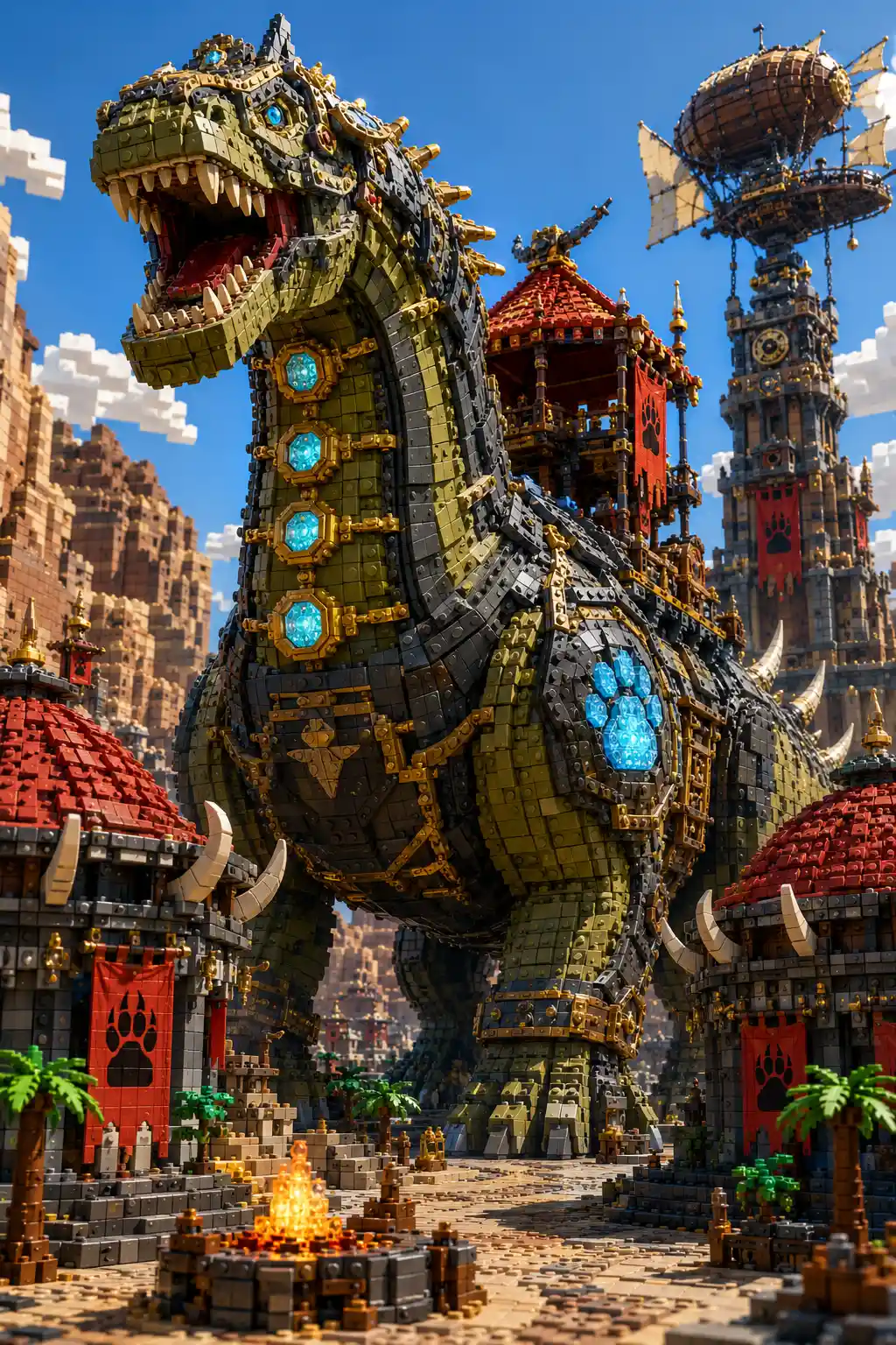 Armored Brontosaur Looming Over Plastic Desert Fortress Plaza