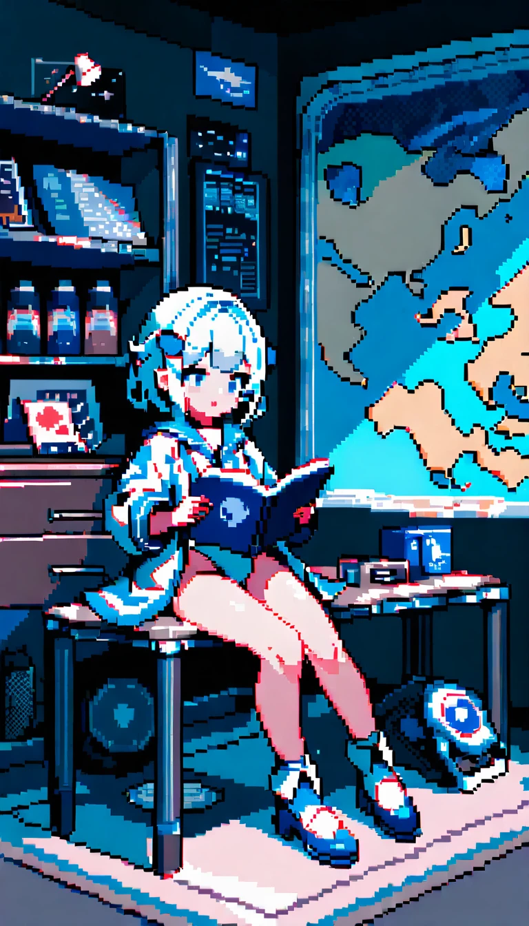 Anime girl sitting on a table reading a book