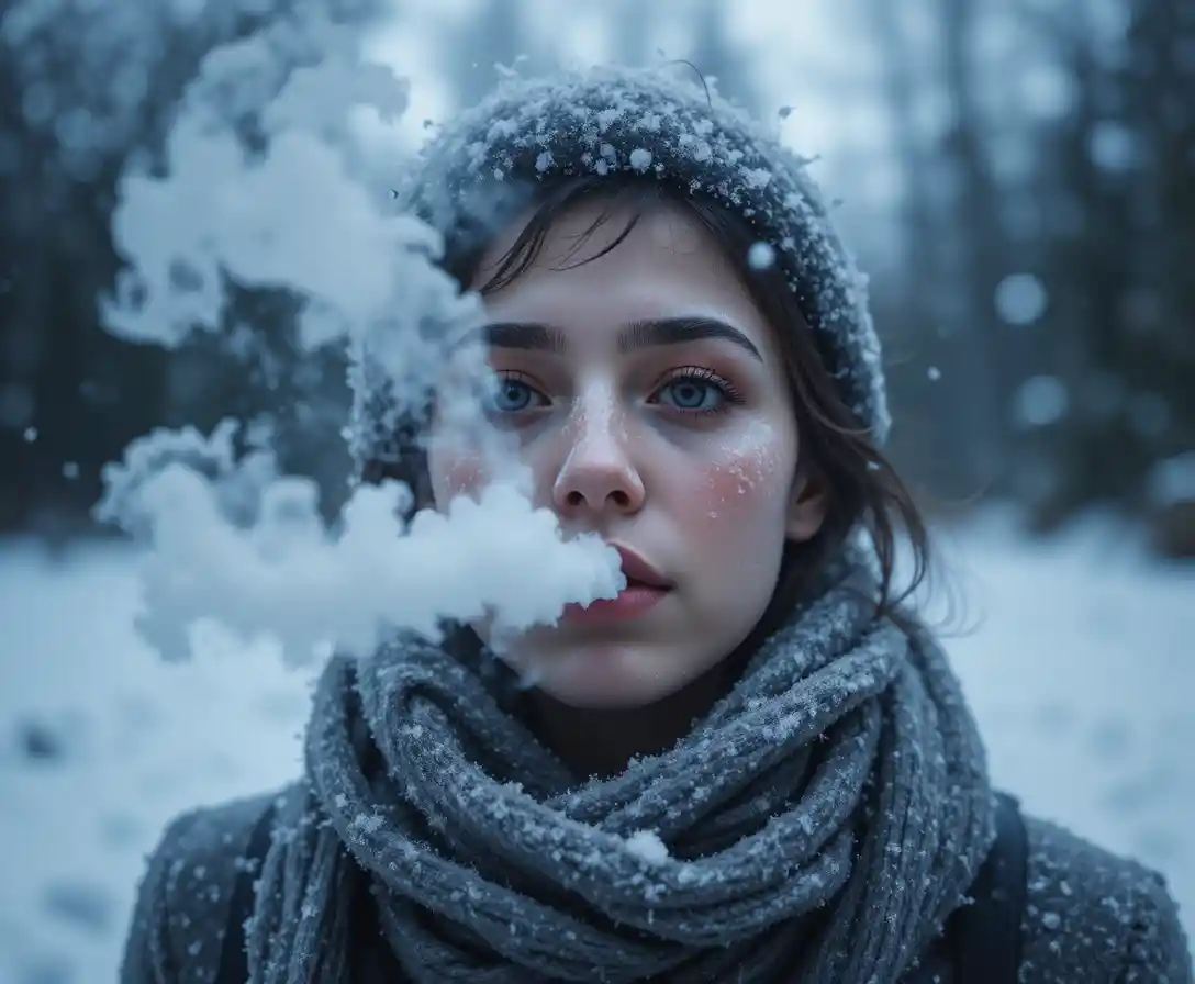 Person exhaling frosty breath in a snowy winter landscape