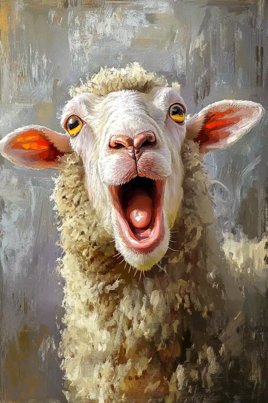 Close up portrait of a shocked screaming sheep painting